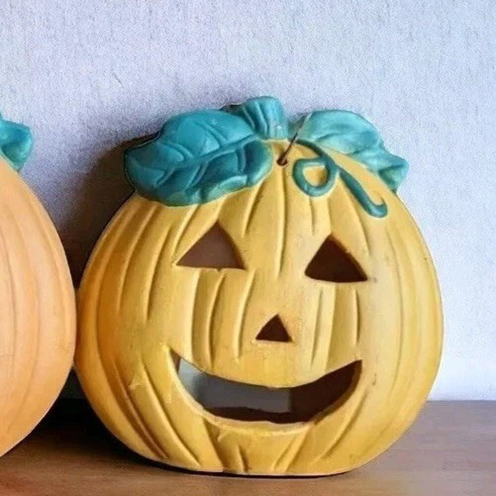 Vtg Terracotta Clay Jack O Lantern Pumpkin Candle Holder Luminary Halloween